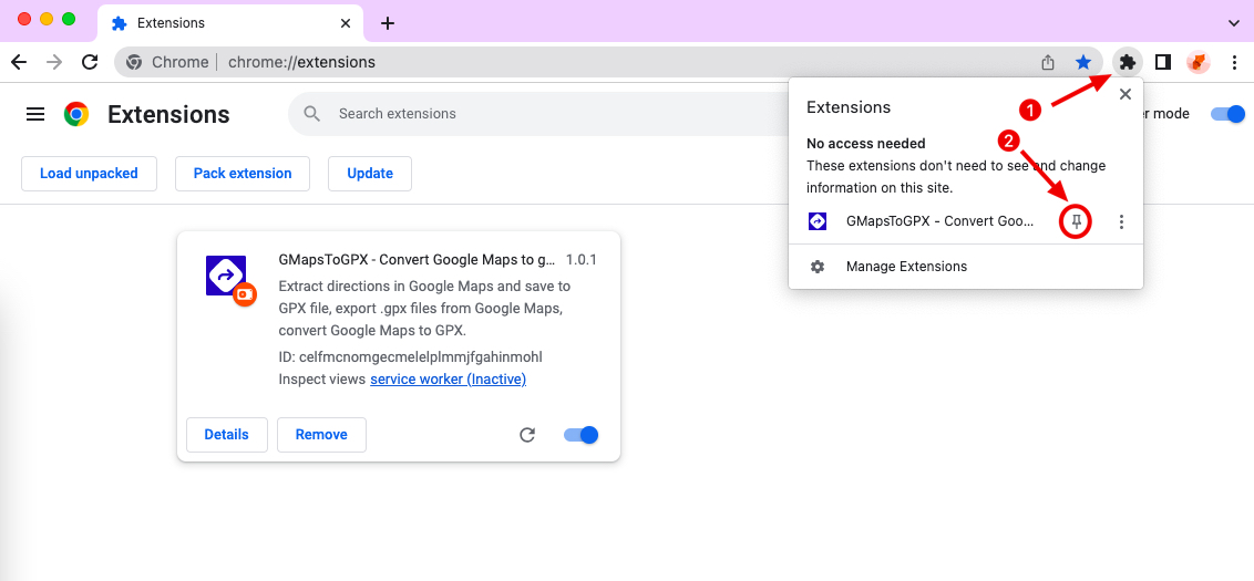 GMaps to GPX chrome extension install pin